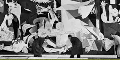 Two men are working on a painting of guernica.